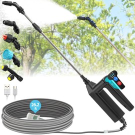 Battery Powered Sprayer Wand, 32 Inch Garden Sprayer Telescopic Wand with 3 Adjustable Speeds, Battery Indicator, 26.2 FT Hose, 7.4V Rechargeable Water Sprayer Wand with 4 Adjustable Nozzles & Filter