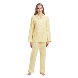 GLOBAL Ladies Pajamas Set 100% Cotton Womens PJs Long Drawstring Sleepwear for Women,Yellow Stripe,M