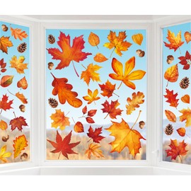 Whaline 9 Sheet Fall Window Clings Watercolor Orange-Brown Maple Leaves Reusable Window Decals for Autumn Thanksgiving Home Window Glass Decor