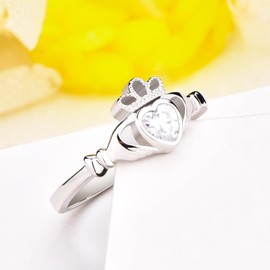 Old English Jewellers 925 Sterling Silver Cz Claddagh Irish Celtic Ring size J K L M N O P Q R S - Love Loyalty & Freindship - Rhodium Overlay (S)