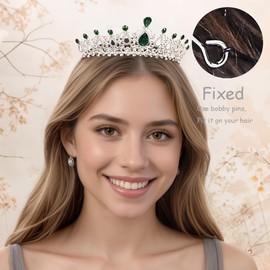 Rannyrena Crystal Wedding Tiaras and Crowns for Women Elegant Royal Queen Crown Sparkling Rhinestone Bridal Headbands Princess Quinceanera Headpieces for Birthday Prom Pageant Party (Silver-green)
