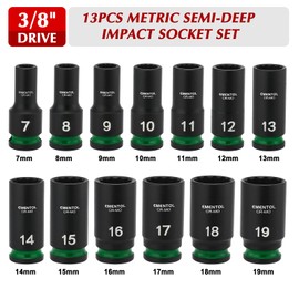 EMENTOL 3/8" Drive Impact Socket Set, Semi-Deep Sockets, 13 Pieces, Metric (7-19mm), 12 Point, CR-MO, Stamped and ink filled