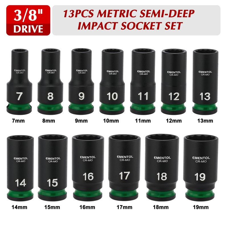 EMENTOL 3/8" Drive Impact Socket Set, Semi-Deep Sockets, 13 Pieces,