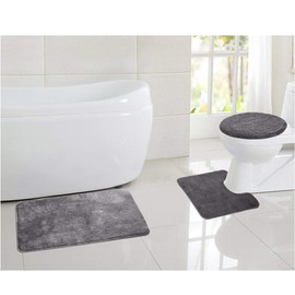 MIFXIN Bathroom Rug Set 3 Piece Shaggy Soft Non-Slip Bath Mats Solid Color Rectangular Floor Mat, U-Shaped Area Rug, Toilet Lid Cover (Grey)