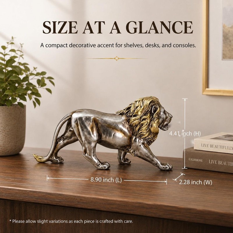 MOTIAHOOM Lion Figurine, Roaring Animal Statue, Silver Gold