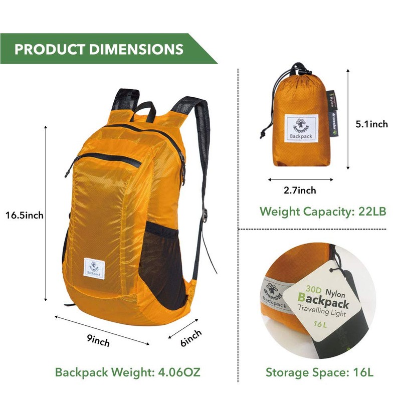 4Monster Water Resistant Foldable Backpack, Packable Hiking Daypack, Ultralight Travel