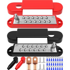 Bus Bar 12V 150A Power Distribution Block: DC Battery Marine Bus Bar Terminal Block with Cover 1/4" Stud 12 × #8 Screws Ground Power Distribution Block for Automotive RV Solar Wiring Boat Accessories