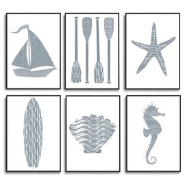 Wodkwq 6 Pcs Ocean Theme Wall Art for Kids Room,Coastal Nursery Decor,Blue Starfish Shell Pictures Boho Sailboat Canvas Painting Modern Beach Prints Wall Decor for Bedroom Bathroom 8x10in Unframed