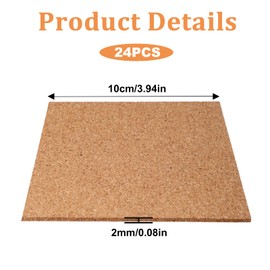 24Pcs Cork Coasters, 4 x 4 Inch Square Cork Sheets 2mm Thick Self-Adhesive Cork Sheets for Wall Decor and DIY Adhesive Soft Cork Tiles for Office School and Home