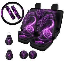 GIFTPUZZ Purple Dragon Car Front and Rear Seat Covers, Steering Wheel Cover, Seat Belt Pads Cover, Coasters, Keychain, 11pcs Washable Dirtyproof for Most SUV Van Sedan Truck