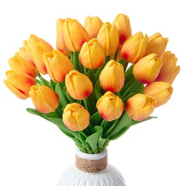 Drewev 30 Pcs Orange Tulips Artificial Flowers Fake Tulip Flowers Latex Tulips Real Touch 13" Silk Flower for Bulk Home Kitchen Wedding Party Valentine's Mother's Decorations(Red and Yellow)