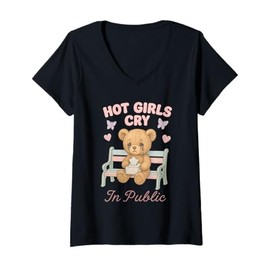 Womens Hot Girls Cry In Public Cute Aesthetic Bear V-Neck T-Shirt