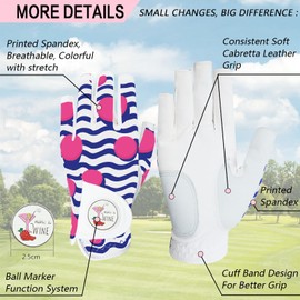 Golf Gloves Women Right Handed Golfer Left Hand Fingerless with Ball Marker Value 2 Pack, Premium Stylish Glove for Ladies Enhance Your Swing with Comfort and Style (Colorful Stripes, Medium, Left)