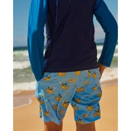 MaaMgic Boys Swim Trunks with Compression Liner Toddler Stretch Quick Dry Swim Shorts Quick Dry 2 in 1 Beach Shorts,Ducks Blue,Medium(10/12)