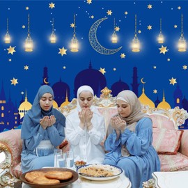ZJRBJB Eid Mubarak Backdrop Muslim Arabian Night Photography Backdrops Blue Night Gold Arabian Castle Photoshoot Background Home Muslim Ramadan Eid Al Fitr Party Supplies 8x6ft