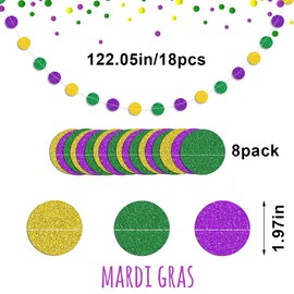 8 Strings Mardi Gras Hanging Garlands Glitter Green Purple Gold Circle Dots Garland Fat Tuesday Masquerade Paper Banner Hanging Ornaments for Backdrop Carnival Party Decorations - Single Sided