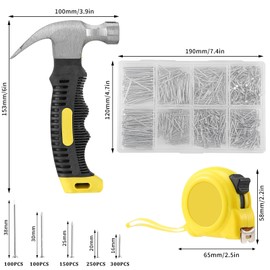 900 Iron Nails Set with 8-Way Assortment, 282 g Mini Carpenter's Hammer & 3 m Iron Tape Measure - Ideal for DIY, Wood, Drywall, Metalwork (Includes Nail Assortment for Picture Frames, Roofing Felt)
