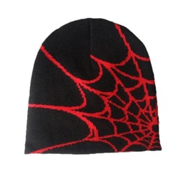 Y2K Gothic Spider Pattern Wool Acrylic Knitted Hat Women Beanie Winter Warm Beanies Men Casual Skullies Outdoor (Red)