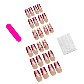 French Tip Press on Nails Valentin's Day Heart Fake Nails Medium Square Glue on Nails Red Acrylic Nails Glossy False Nail Tips Reusable Artificial Nails Valentins Stick on Nails for Women 24Pcs