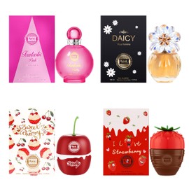 Hybrid & Company Women's 4 Pcs Daicy Fantastic Pink I Love Strawberry Sweet Cherry Perfume Natural Spray Fresh Fragrance