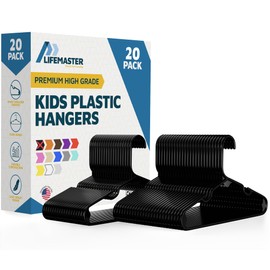 Lifemaster Plastic Kids Clothes Hanger – Children Clothes Hanger with Shoulder Notch, 11.6 Inch Space-Saving Closet Organizer for Baby, Toddler, and Kids Clothing, Hold Up to 5 lbs, Pack of 20, Black