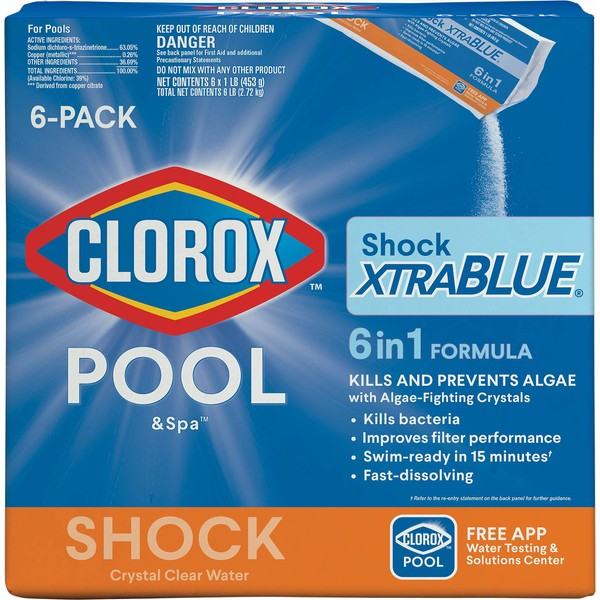 Clorox Pool&Spa 33506CLX Pool Shock XtraBlue (6 1-lb Bags), 6 Pack, White