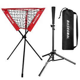 BaseGoal Baseball Caddy,Ball Caddy,Baseball Basket with Batting Tee and Topper Replacement for Baseball Softball Batting Pitching Practice Training,Portable and Foldable (Red Caddy + Tee)
