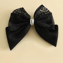 HAIRUO Women Teen Girls Bow Hair With Pearl，Silk Lace Cute Black Bow Hair Clip Hair Accessories