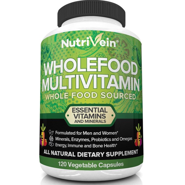 Nutrivein Whole Food Multivitamin - Complete Daily Vitamins for Men and Women from Natural Whole Foods, Real Raw Veggies, Fruits, Vitamin E, A, B Complex - 30 Day Supply (120 Capsules, Four Daily)