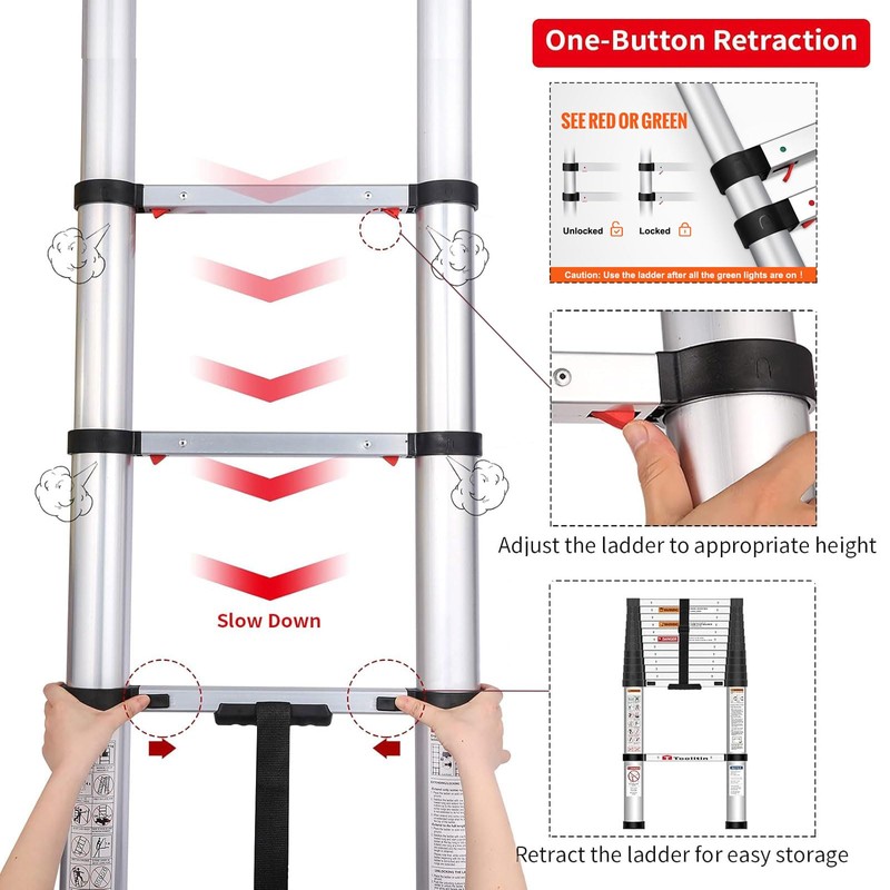 Telescoping Ladder,Aluminum with Stable Hook and stabilizer barand,12.5FT Lightweight Multi-Purpose