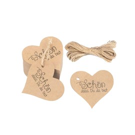 LJFEA Pack of 50 heart kraft paper gift tags, "Schön, dass du da bist" labels, heart pendant with string for Valentine's Day, wedding gifts