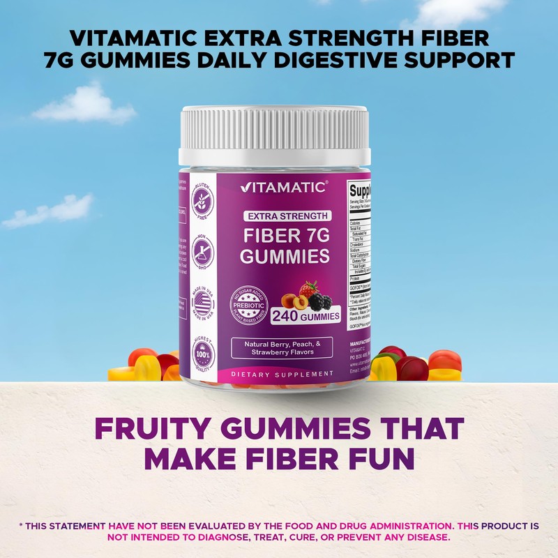 Vitamatic Prebiotic Fiber Gummies for Adults, 7G Extra Strength, Zero