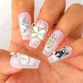 Sethexy White Rhinestone Matte False Nails Luxury Long Coffin Nails for Press-on 3D Butterfly Pearl Chain Handmade False Nails Salon Quality for Women and Girls (B)