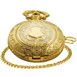 Tiong Gold Shield Men's Quartz Pocket Watch with Chain, Arabic Numeral Digital Scale