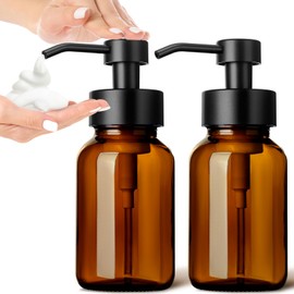 GMISUN Foaming Soap Dispenser, 8.5 Oz Amber Glass Foam Soap Dispenser for Bathroom & Kitchen, 2 Pack Modern Refillable Foaming Hand Soap Dispenser, Foam Pump Bottle with Waterproof Labels