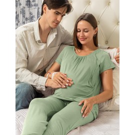 SUNNYBUY Women's Maternity Nursing Pyjamas Set, Short Sleeve Breastfeeding Shirts，Pregnancy Shorts & Pants 3 Piece Maternity Clothes Nightwear, Greyish-green L