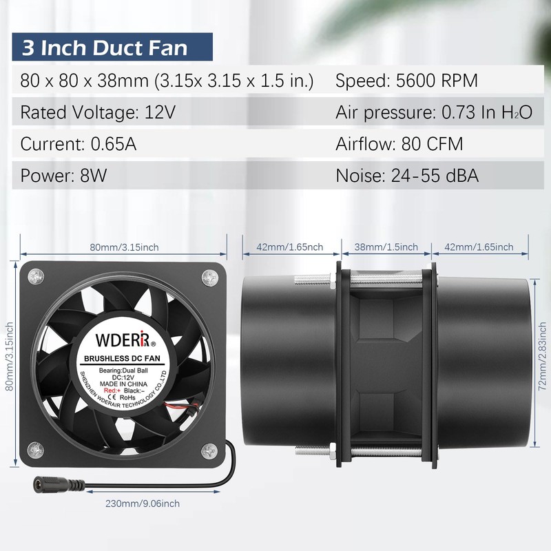 WDERAIR 80mm x 38mm 3 Inch Air Vent Duct Booster