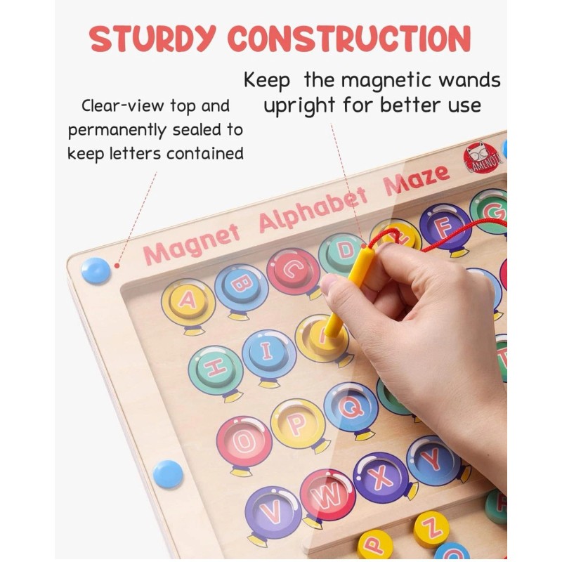 Gamenote Magnetic Alphabet Maze Board with 4 Activity Cards, Wooden