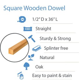 Oak Wood Square Dowel Rods, 1/2 inch x 36, Pack of 5 Red Oak Dowel Rods, Sticks for Crafts and Woodworking, by Woodpeckers