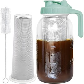 JunVpic Cold Brew Coffee Maker Jar - 64oz Thick Glass Multipurpose Mason Pitcher Spout Lid with Handle & Stainless Steel Filter for Iced Coffee, Lemonade, Ice Tea, Homemade Fruit Drinks Container
