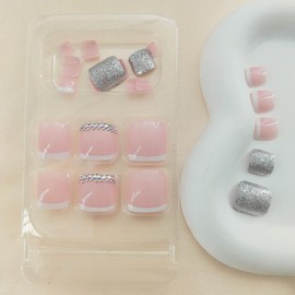 Press on Toenails French Tip White Fake Toenails Short Silver Glitter Rhinestones Square Glossy Acrylic Toe Nails Reusable Full Cover Summer Toenails Tips for Women Girls 24 Pcs