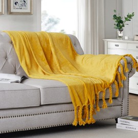 Homiest Fleece Throw Blanket with Fringe, Soft & Cozy Flannel Burnt Yellow Throw Blanket, Lightweight Decorative Throw Blanket for Sofa Bed Chair All Season (Mustard Yellow, 50 x 60 Inch)