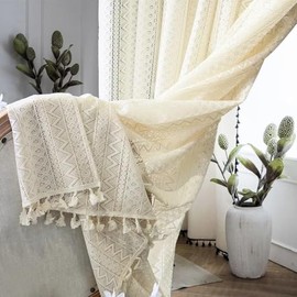 RunFar shop Boho Curtains Set of 2 Beige Vintage French Retro Crochet Knitting Curtains Transparent Curtain Lace Curtains for Living Room Bedroom (Beige-140 x 250 cm)
