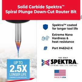 Amana Tool Solid Carbide Spektra Extreme Tool Life Spiral Plunge Router Bit Down-Cut, 46242-K, 1/32 Dia x 1/8 CH x 1/4 Shank 2 Inch L
