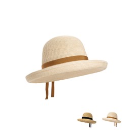 Starblazia Strohhut Damen Sommer UV-Schutz Sonnenschutz Hut UPF 50+ Strandhut Faltbar Damen mit Breite Krempe,Beige+Braun Band