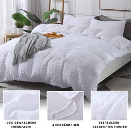 Boqingzhu Seersucker Bed Linen White 135 x 200 cm 2-Piece Plain Summer Breathable Cooling Reversible Bed Linen Set Duvet Cover 135 x 200 cm and Pillowcase 80 x 80 cm with Zip