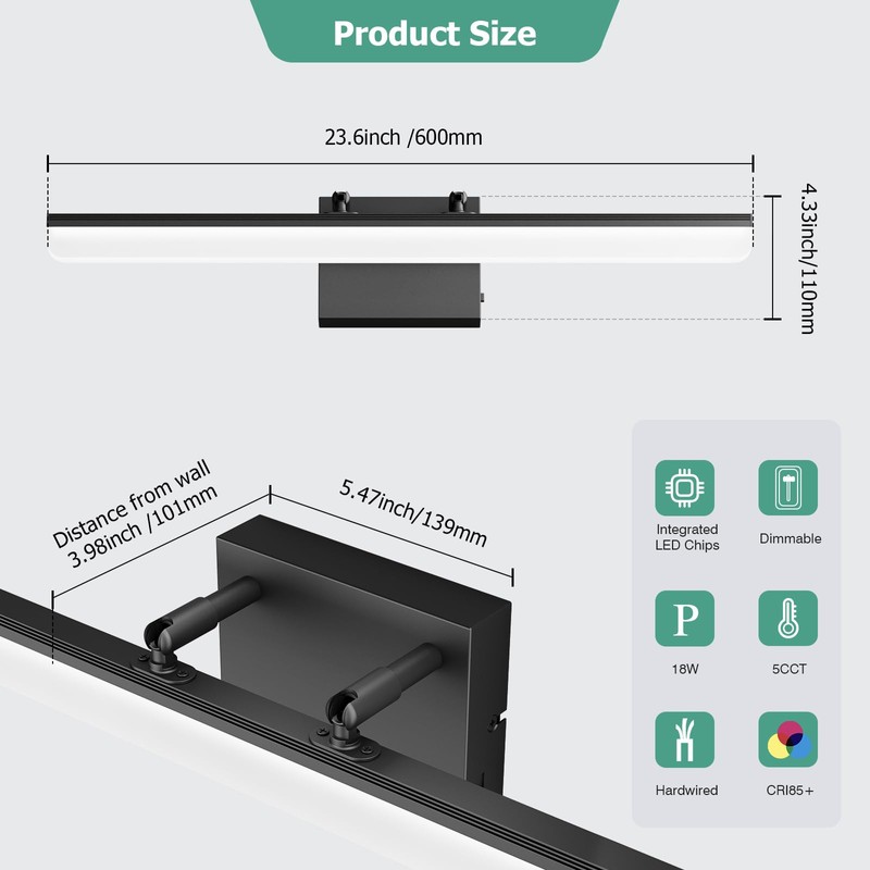 KELIDEN Black Vanity Light 24", 18W LED Bathroom Light Bar