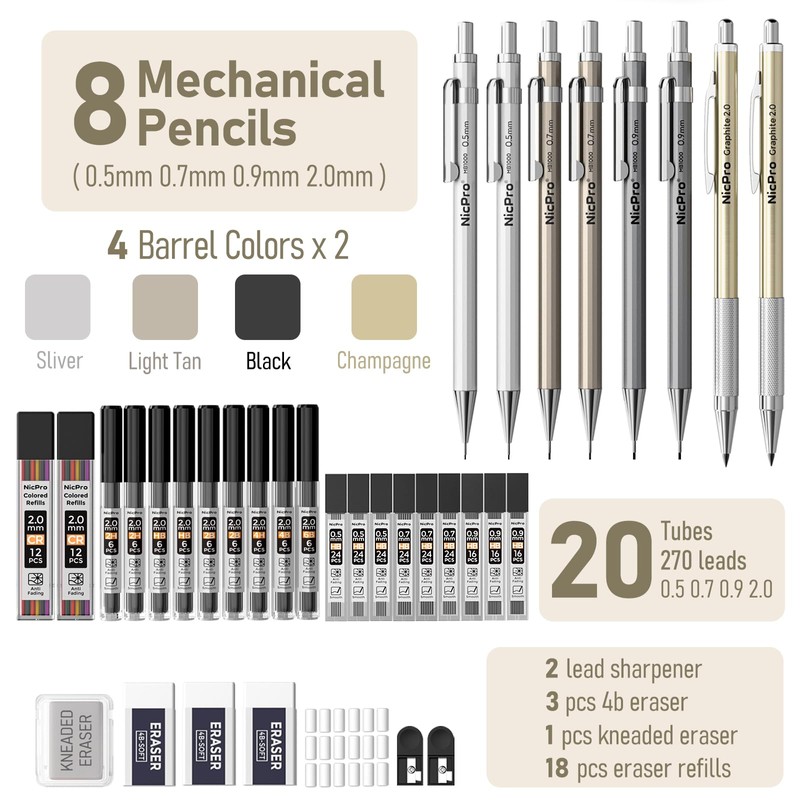 Nicpro 37PCS Art Mechanical Pencil Set, Metal Drafting Pencils 0.5