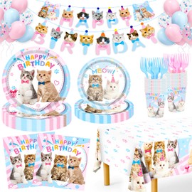Cat Birthday Decorations, 146Pcs Cat Party Supplies-Serves 24 Kitten Party Disposable Tableware with Party Plates Cups Napkins Tablecloth Balloons for Kitten Girls Birthday Party Decorations