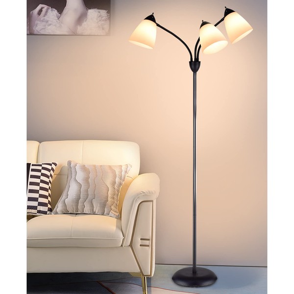 DINGLILIGHTING DLLT Modern Reading Floor Lamp, 3-Light with Adjustable Flexible Gooseneck Tree Standing Lamp for Living Room, Bedroom, Study Room, Office -Black Metal White Shades, E26 Base